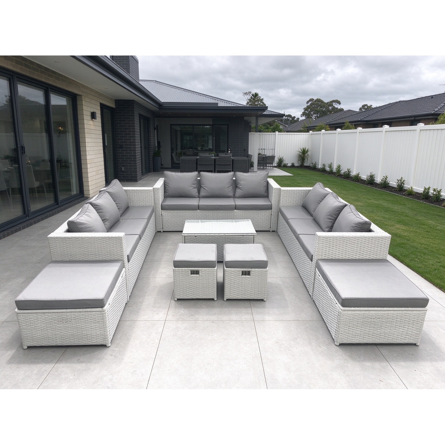 Fimous 8 Pieces Rattan Garden Furniture Set Outdoor Garden Sofa Coffee Table Set With 4 Footstools Light Grey Mixed - Image 3