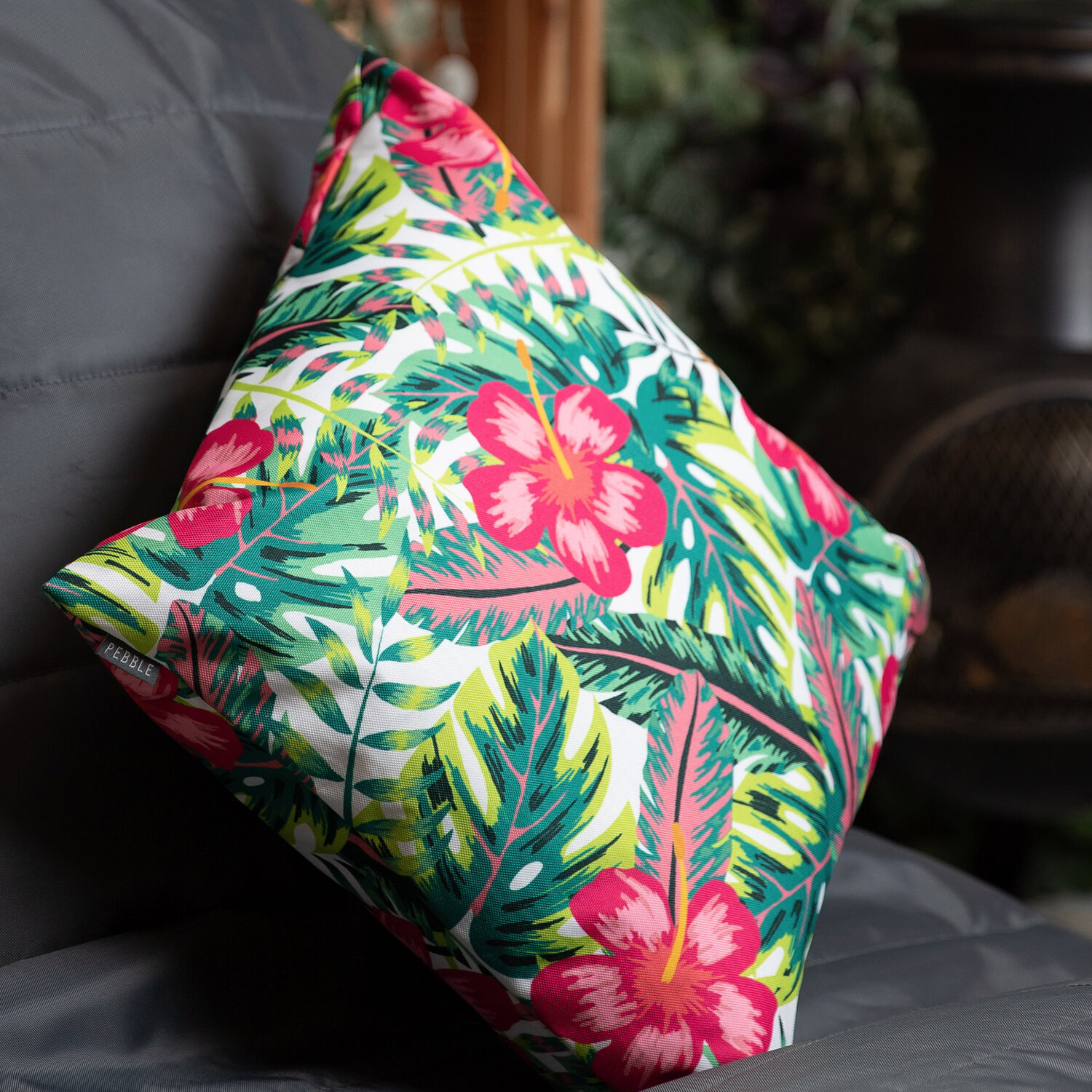 Tropical Pink Flower Outdoor Cushion - White