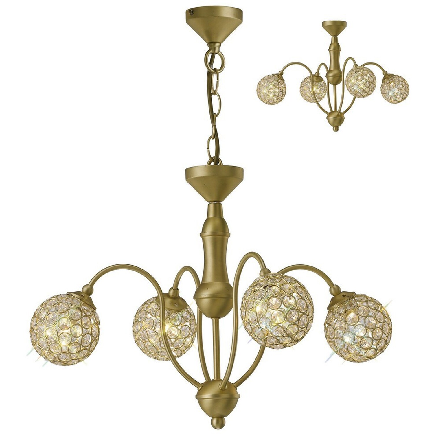 Apollo Ceiling Pendant  Semi Flush Ceiling 4 Light Satin Brass, Crystal - Satin Brass