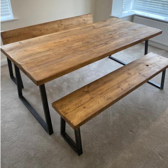 Grey Wash Rustic and Industrial Handmade Dining Table plus Bench