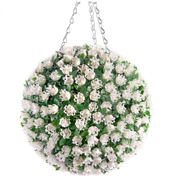 Best Artificial 28cm White Rose Hanging Basket Flower Topiary Ball