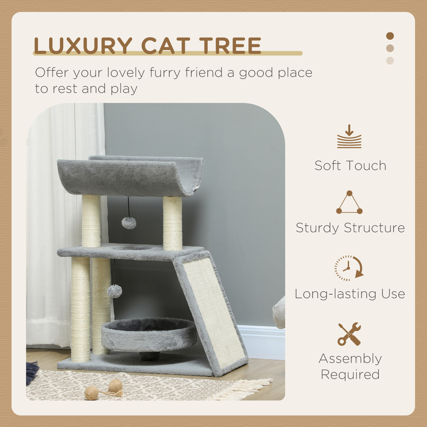 PawHut Cat Tree – Light Grey, Scratching Post With Bed, Indoor, Sisal & Polyester