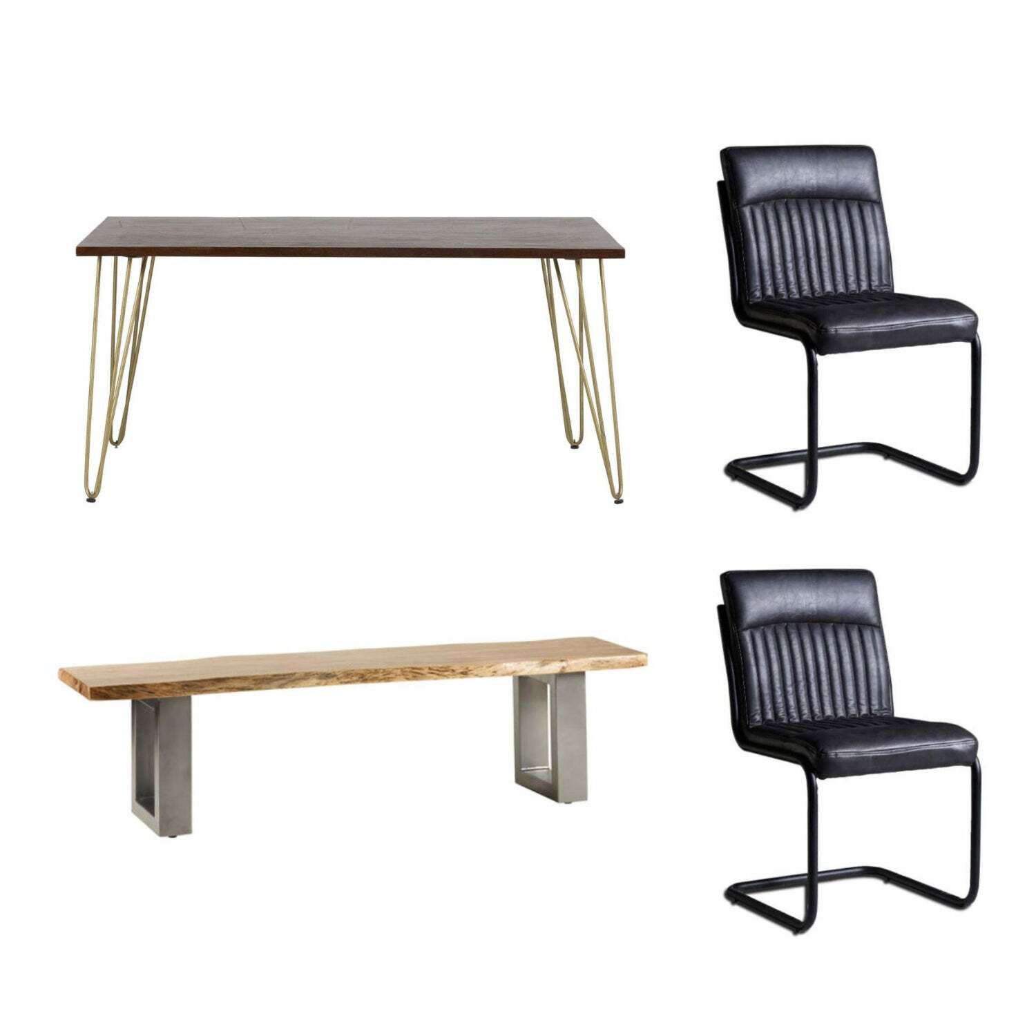IH Design - Dallas Dark Mango Wooden Rectangular Dining Table Set With 2 Chairs And 1 Bench - Dark Wood thumbnail