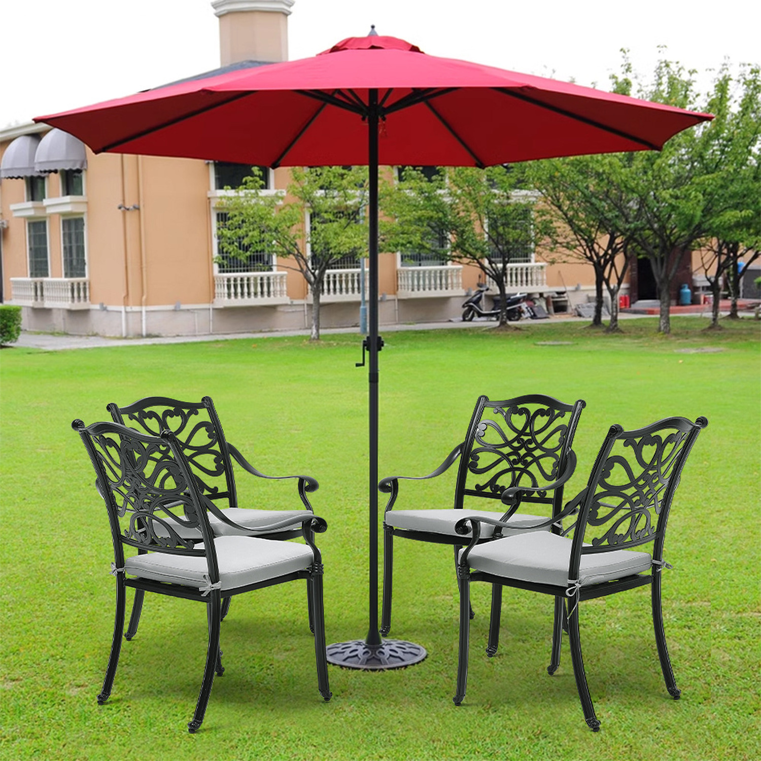 Set Of 4 Outdoor Cutout Garden Chairs With Cushions - Black