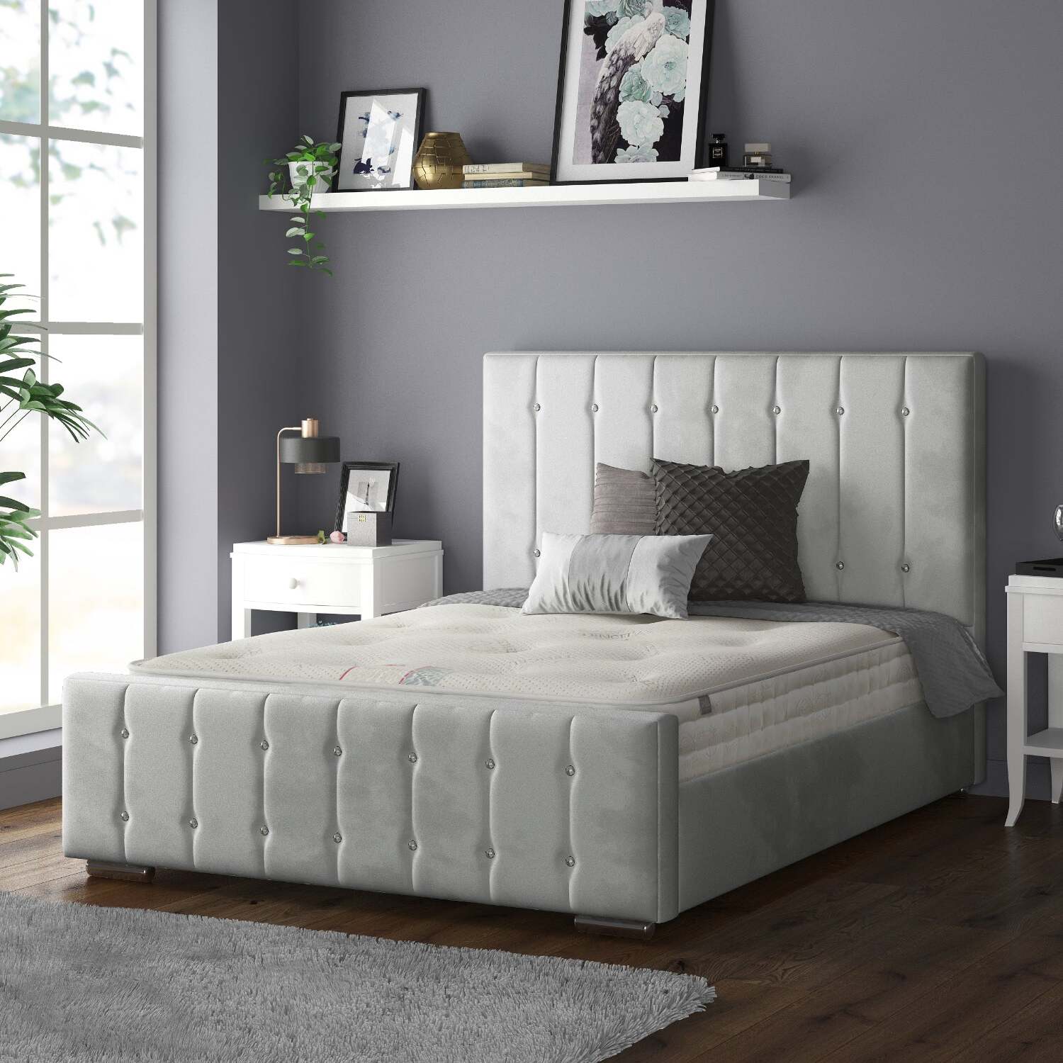 Anastasia Striped Plush Velvet Bed Frame With Diamonds - Silver Superking