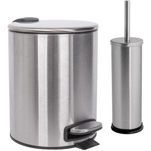 2pc Round Stainless Steel Pedal Bin  Toilet Brush Set - 5L