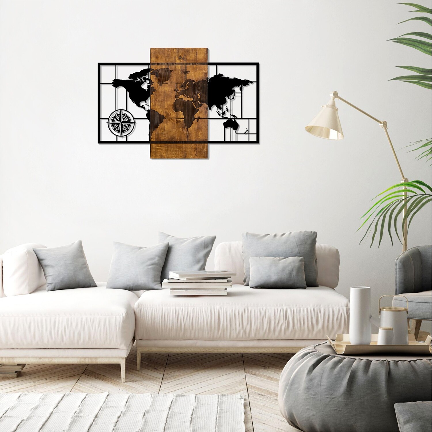 World Map With Compass Metal Wall Art - Black