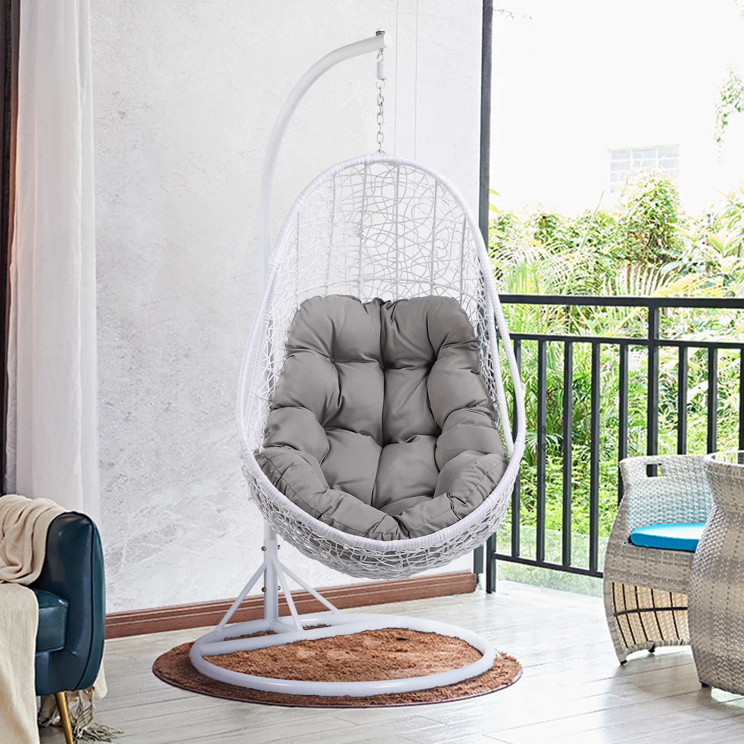 Rattan Swing Chair With Armrest For Garden Patio - White