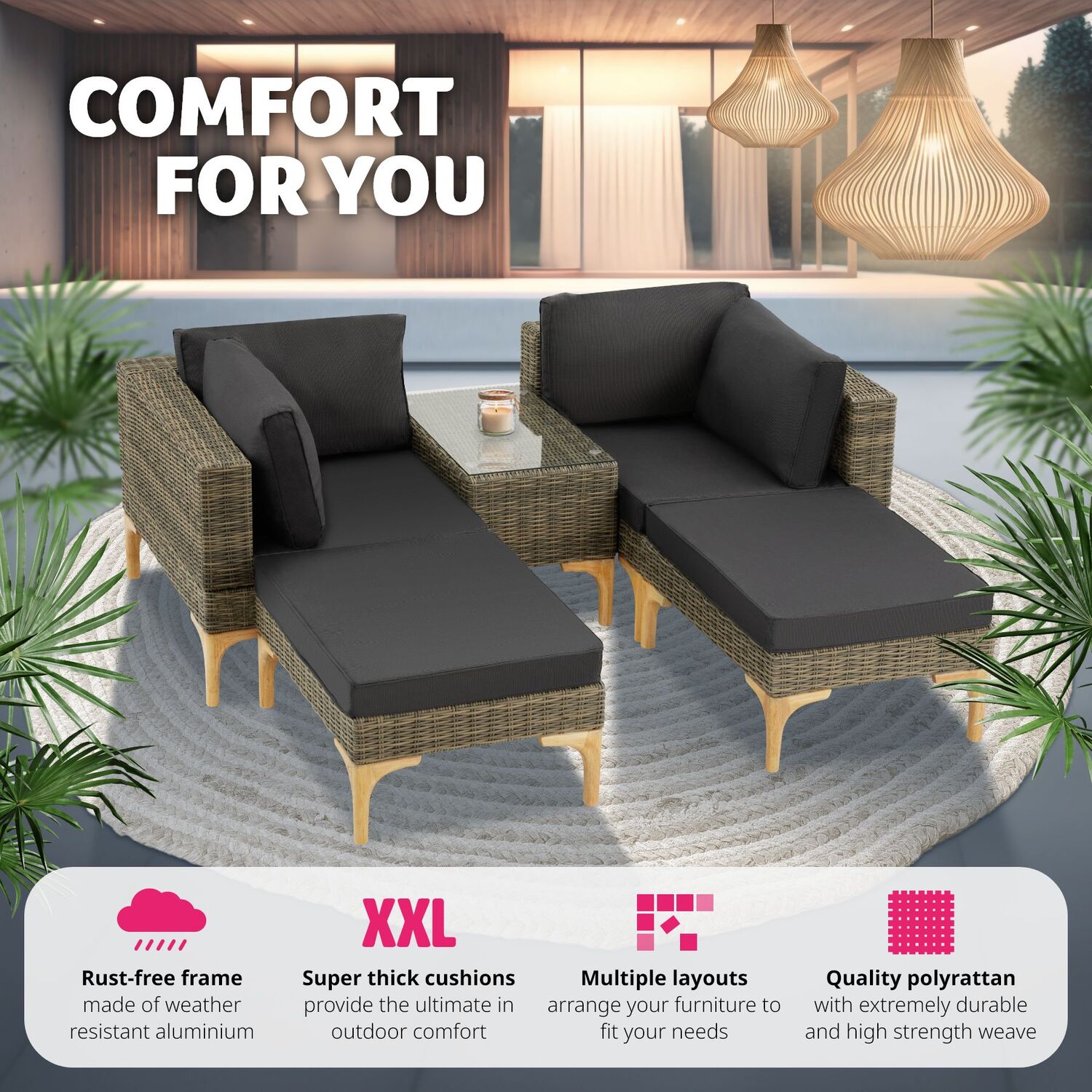 Rattan Lounge Set Bellaria 2 Chairs 2 Stools 1 Side Table - Brown