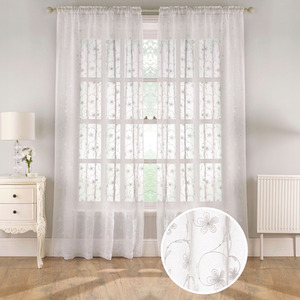 Slot Top Sheer Linen Look Voile Panels with Floral Print and sequins - Pair