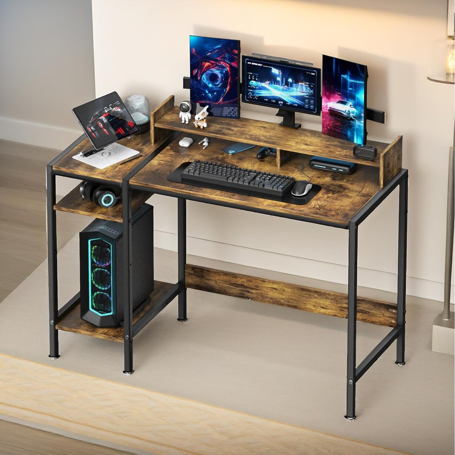 Computer Shop Desk Industrial Computer Desk With Monitor Stand And Shelves