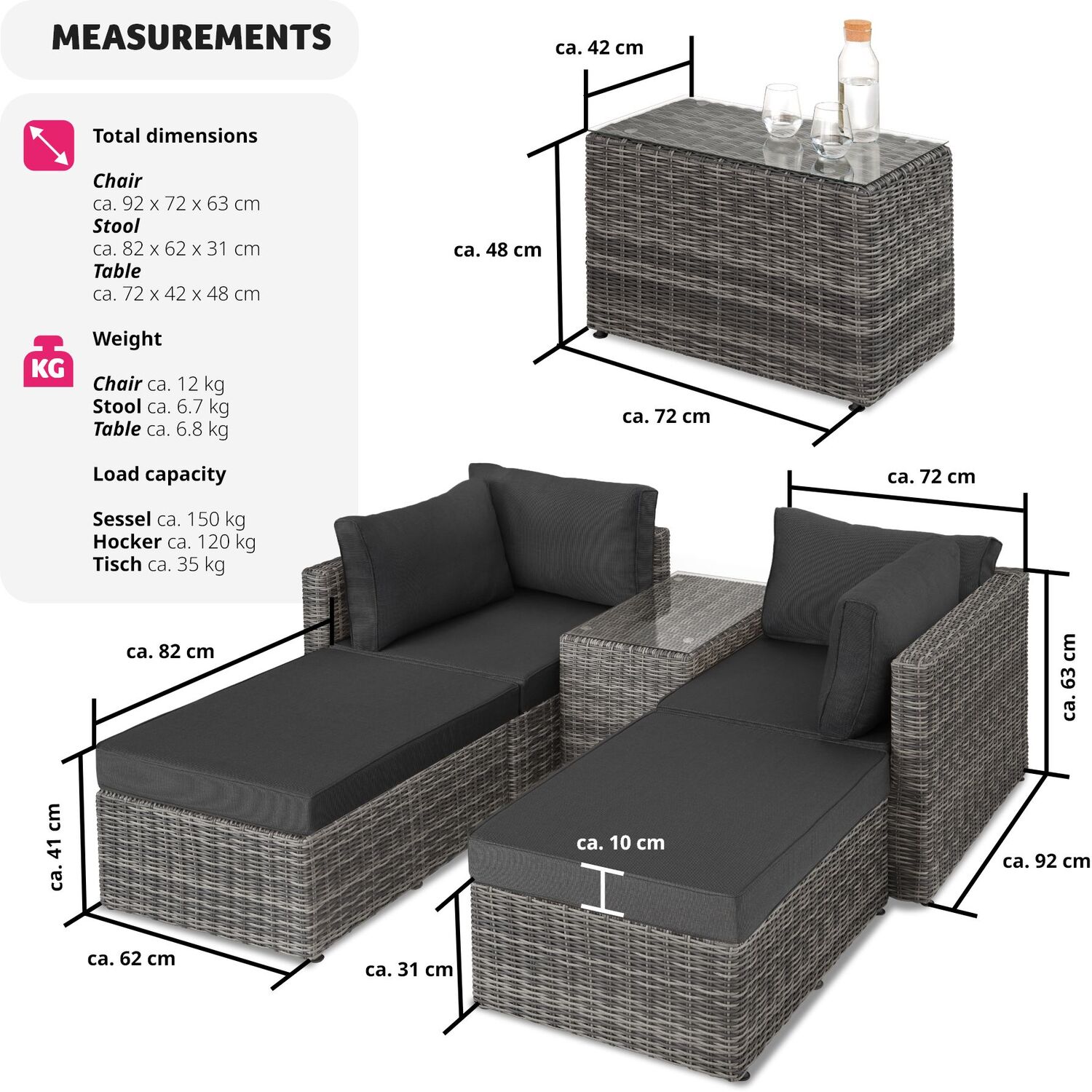 Sun Lounger Set San Domino - 2 Loungers 1 Table Aluminium Frame - Light Grey Dark Grey