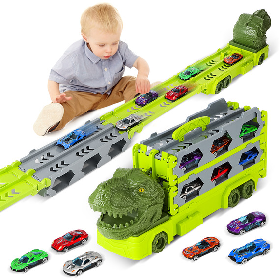 Dinosaur Race Track Transport Truck Toys with 6 Small Race Cars 