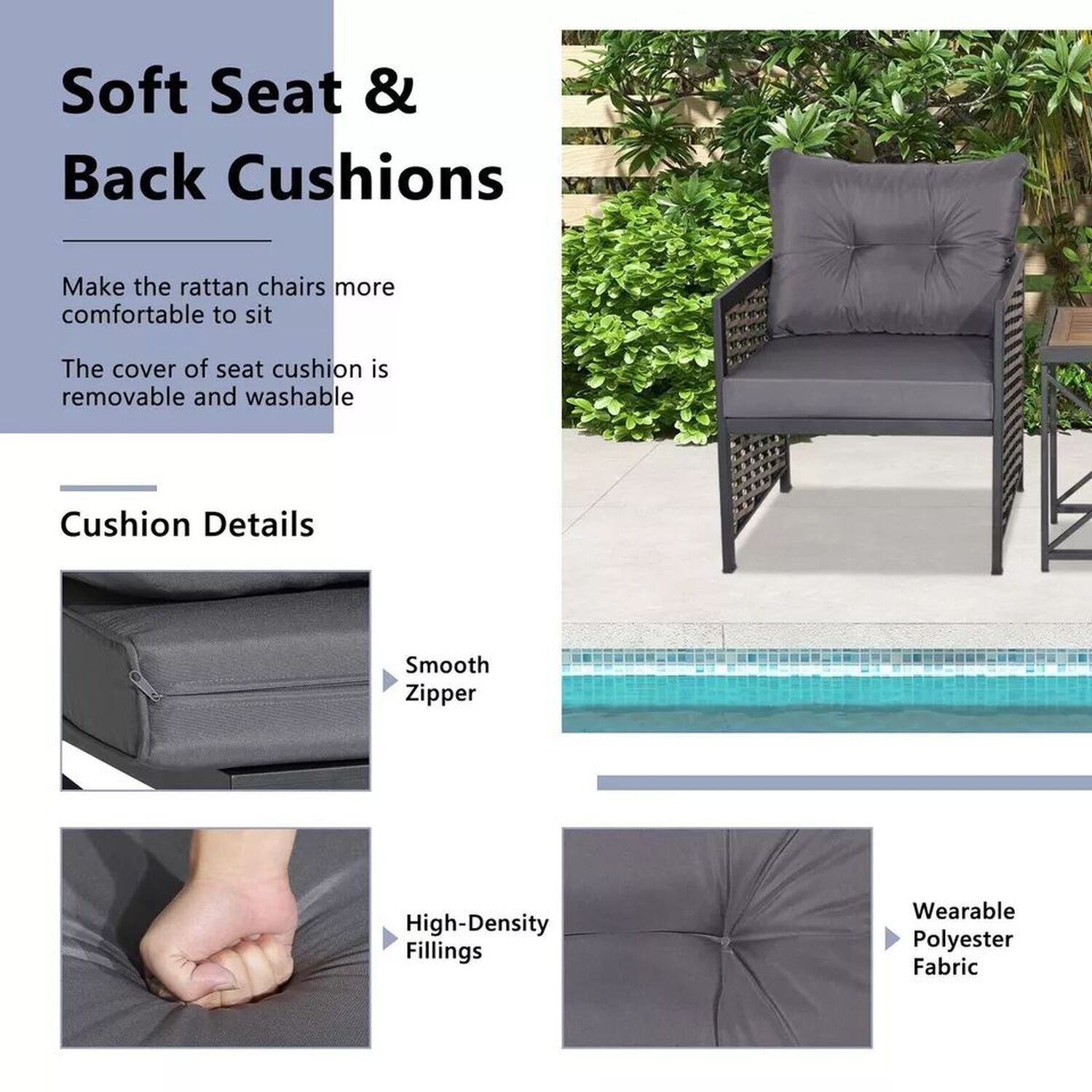3 Piece Rattan Conversation Set Patio Wicker Chairs And Coffee Table Set - Grey