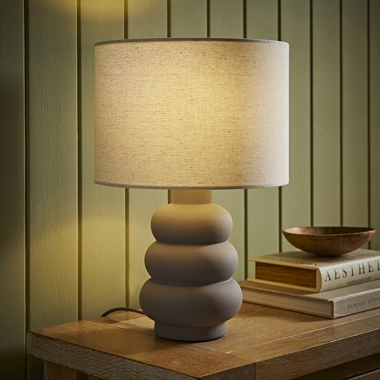 Rochelle Bubble Stack Ceramic Table Lamp with Linen Drum Shade and LED Bulb - Grey