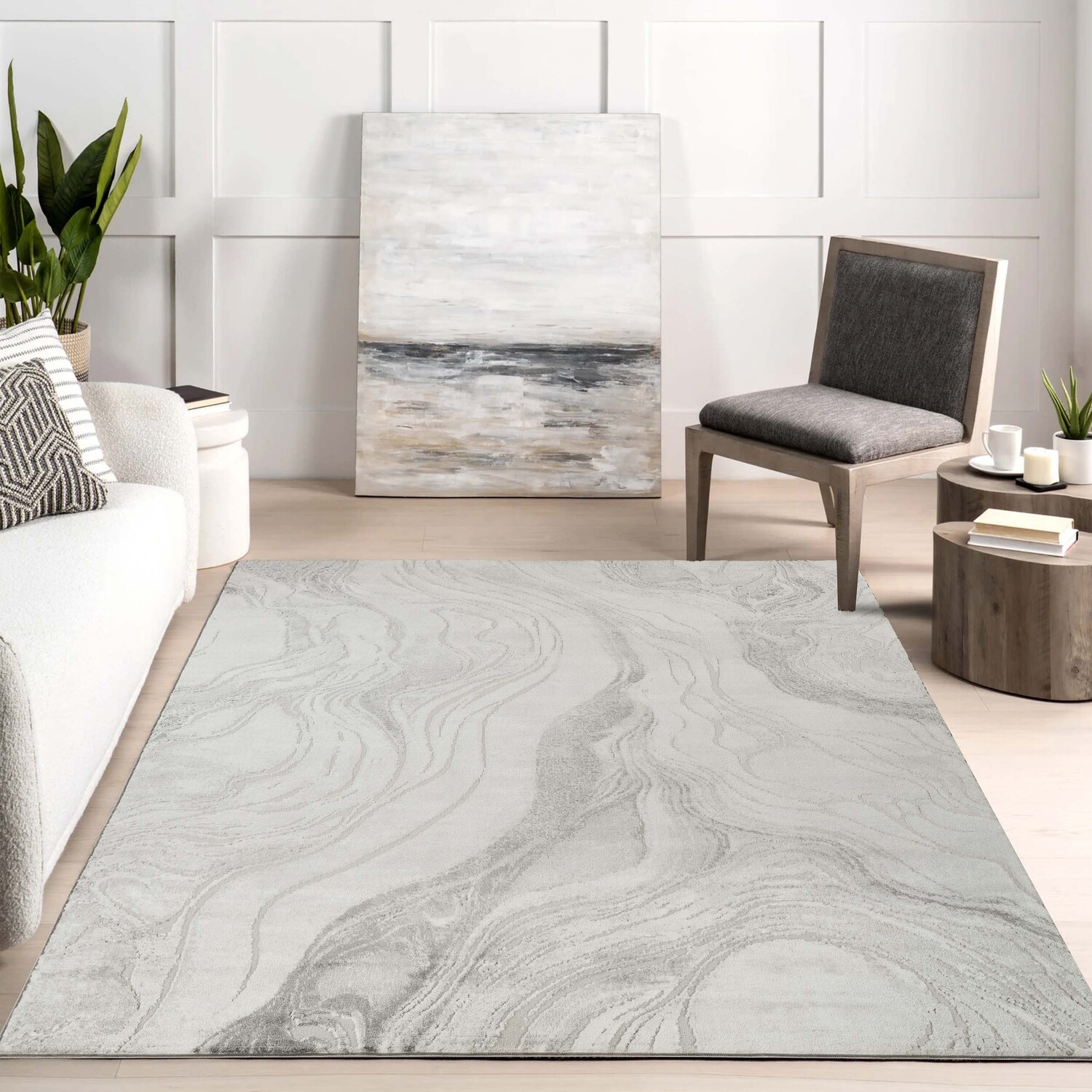 Novu Modern Abstract Action Living Room Area Rug Metallic Sheen- Stream Grey - Grey / 170cm