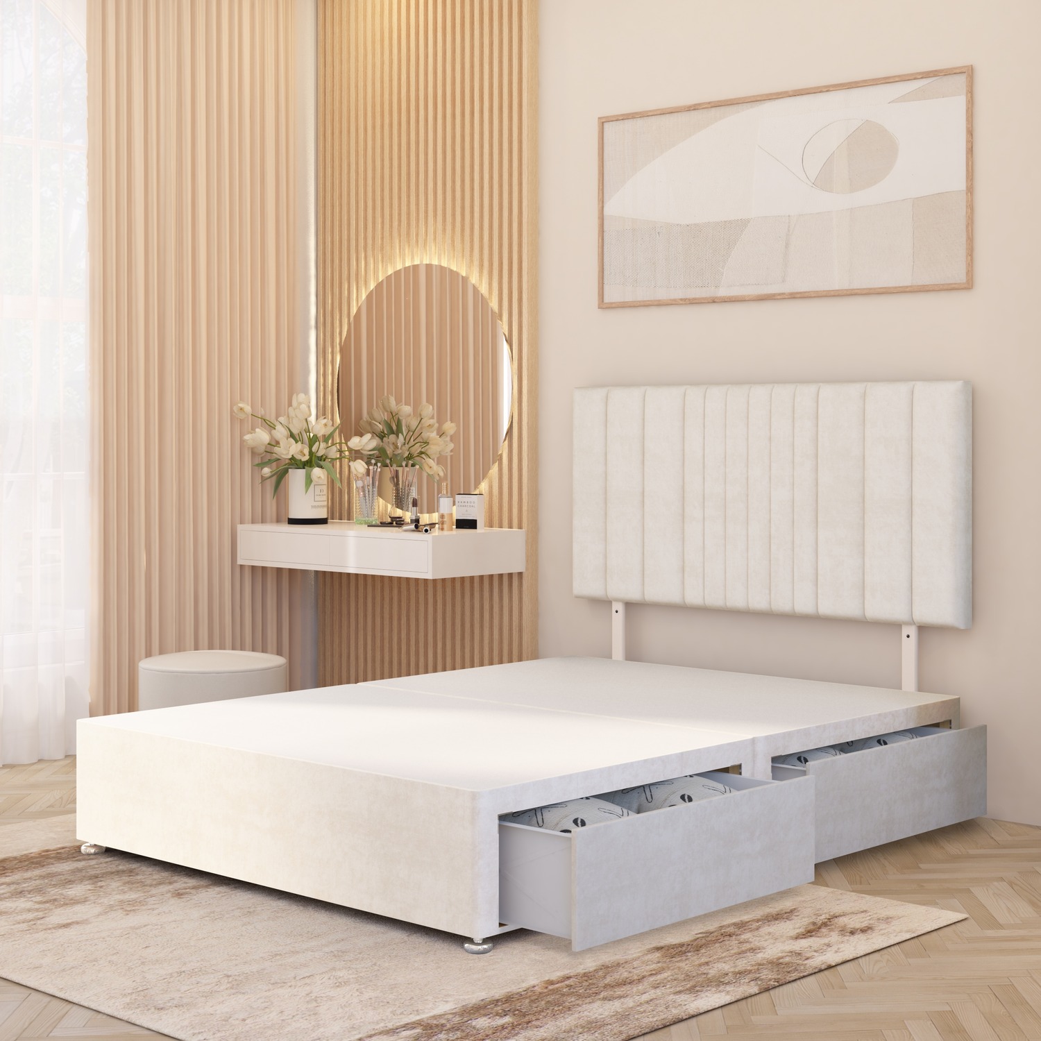 Arizona Plush Velvet Divan Bed Base With Drawers And 32 Headboard - Ivory Small Double 45kg