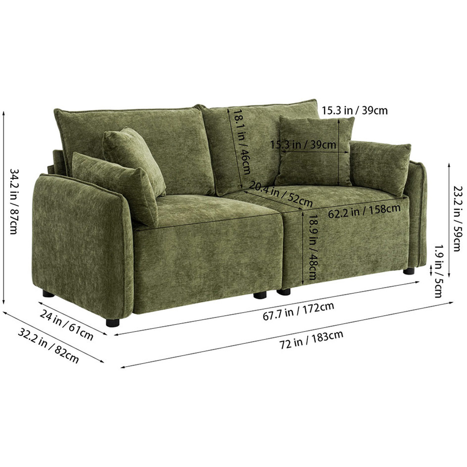 2-seater Chenille Upholstered Sofa With Scatter Cushions - Green