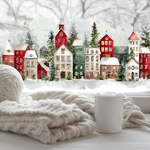 Classic Christmas Village Window Stickers, Festive Red and Green Winter Town