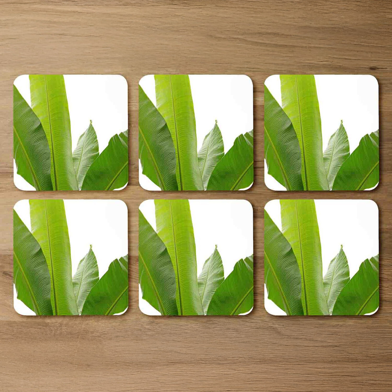 Image of Green Leaves On White Coaster Set&hellip;