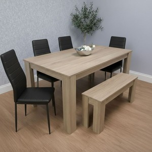 Oak Dining Table With 4 Metal Faux Leather Chairs and 1 Bench