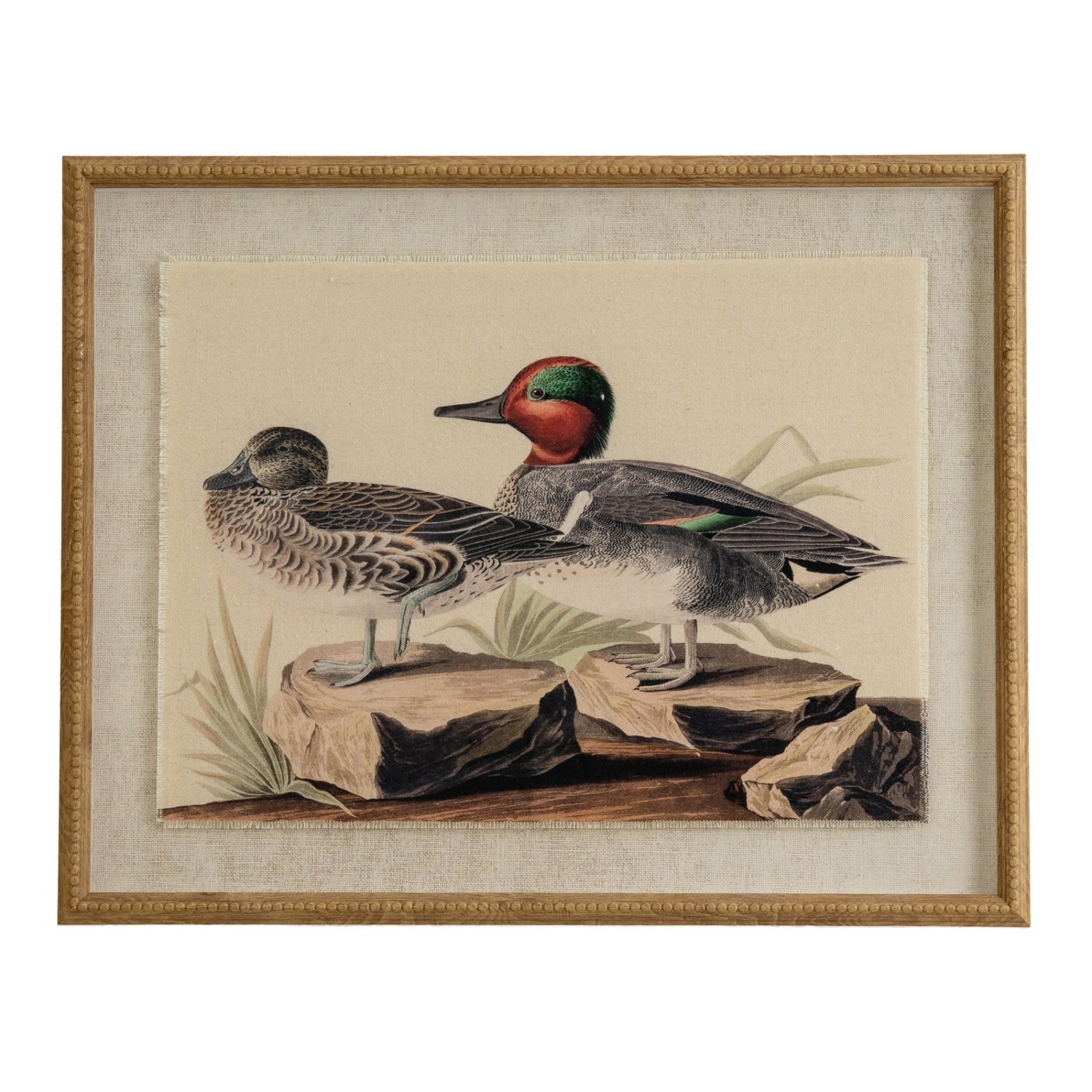 Flora Fauna Teal Wall Art On Linen With Beaded Frame - Brown