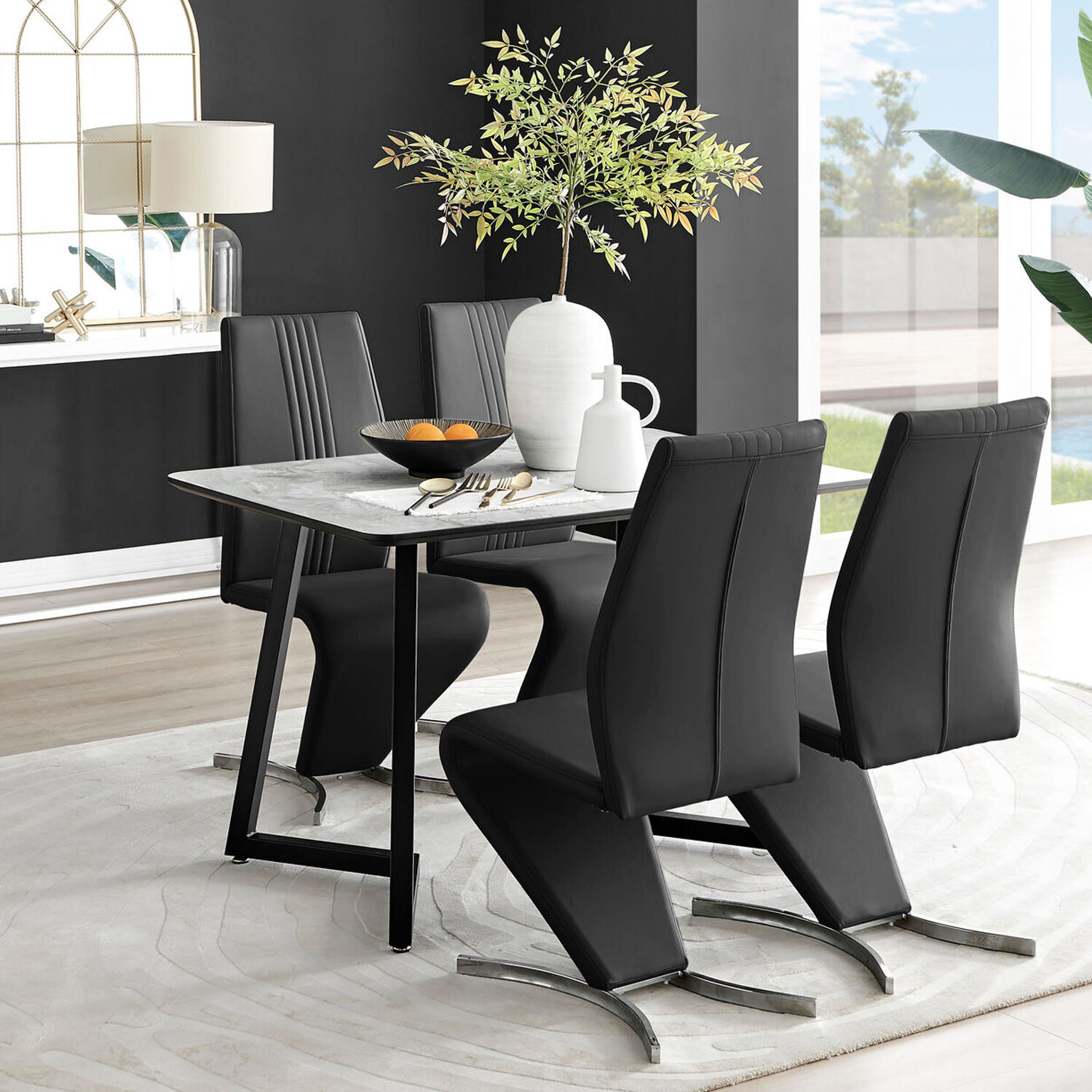 Furnitureboxuk Carson White Marble Effect Dining Table And 4 Willow Chairs - Black