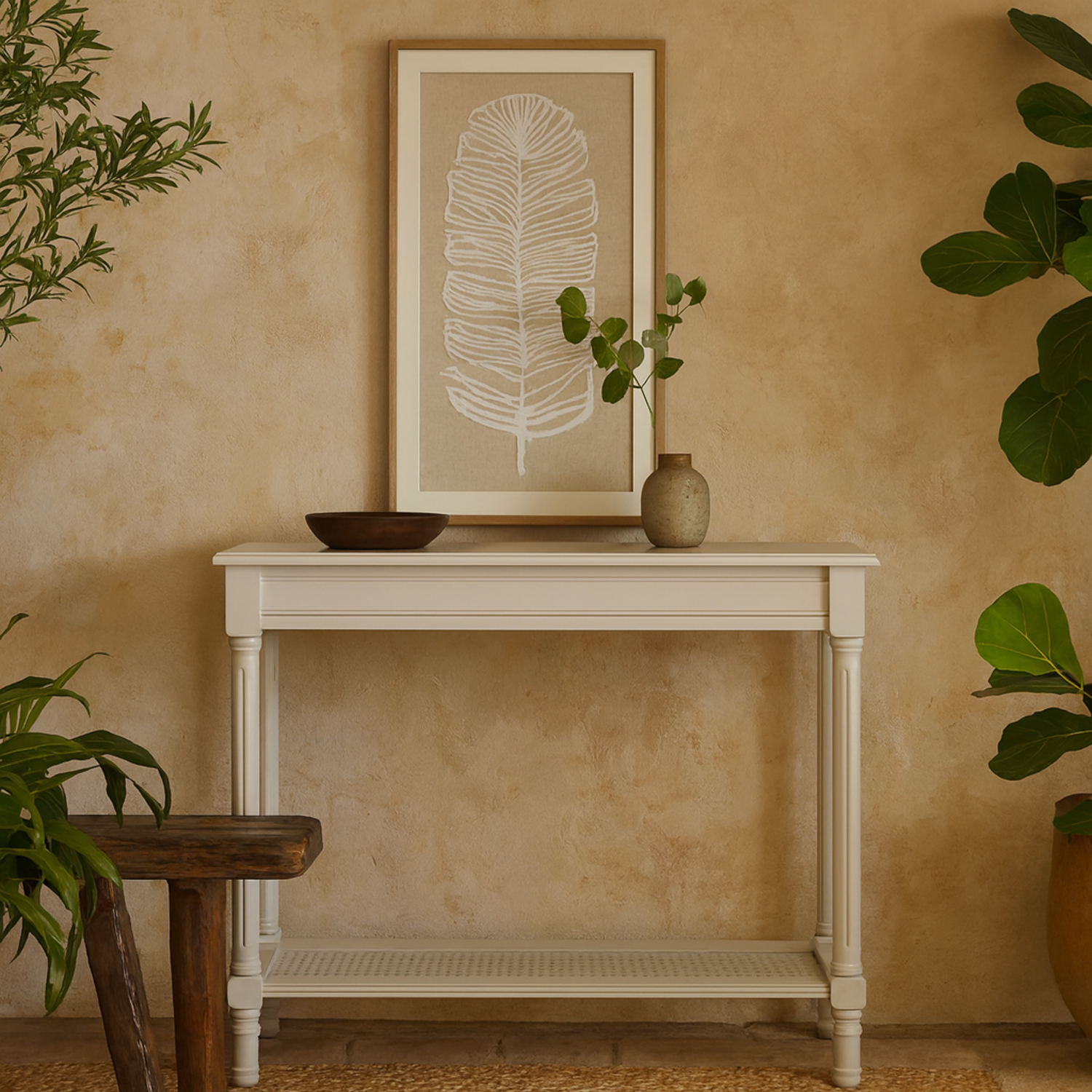 Rochemaure Console Table, White with Rattan Shelf - White