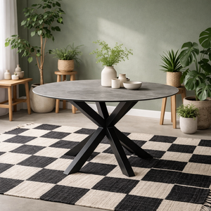 Perth 119cm Round Grey Ceramic Dining Table with Black Metal Base
