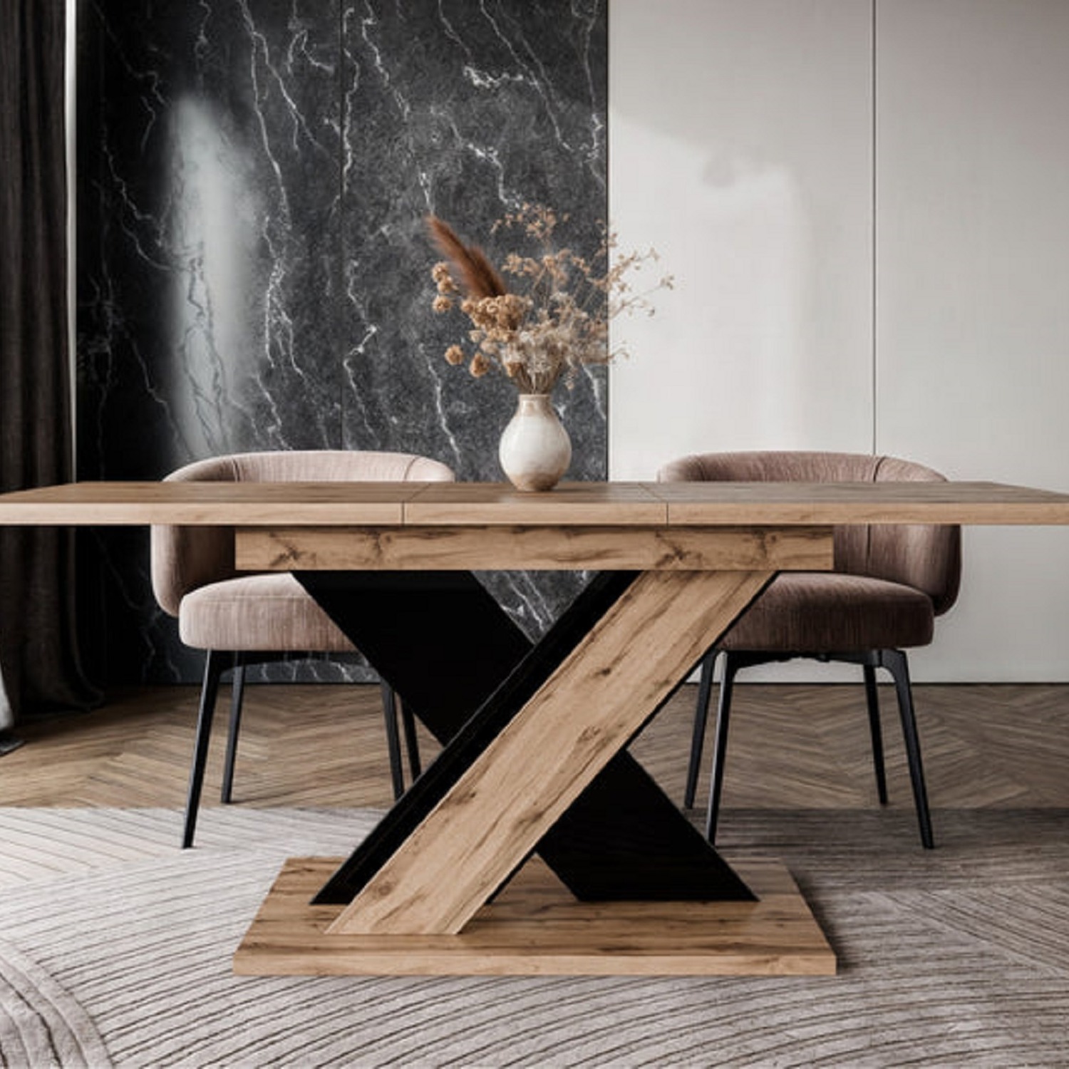 Toxx Extending Dining Table 120-160 Cm - Wotan Oak Black Gloss