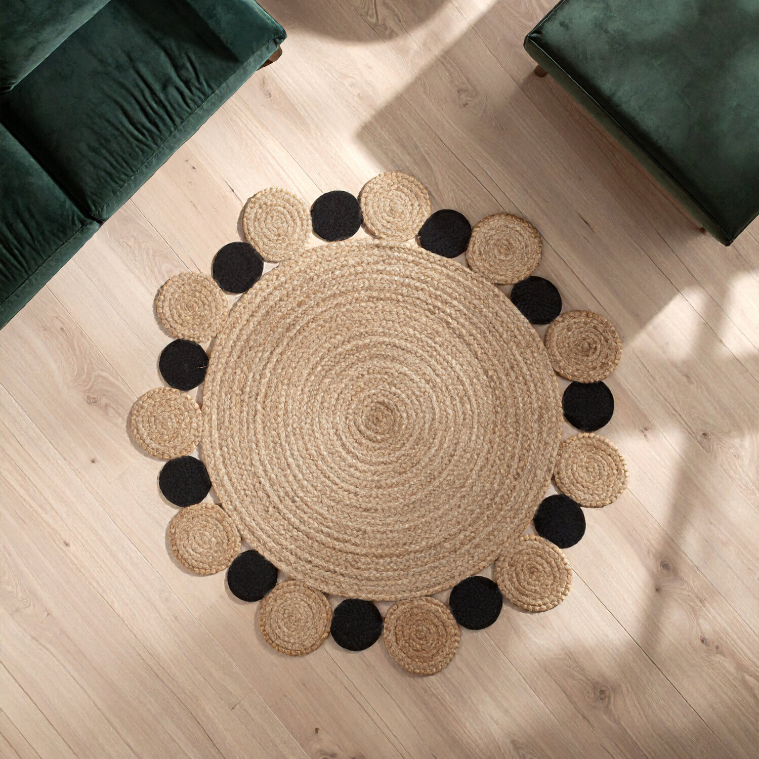 Bosie Demir Small Round Natural and Black Jute Rug - Brown