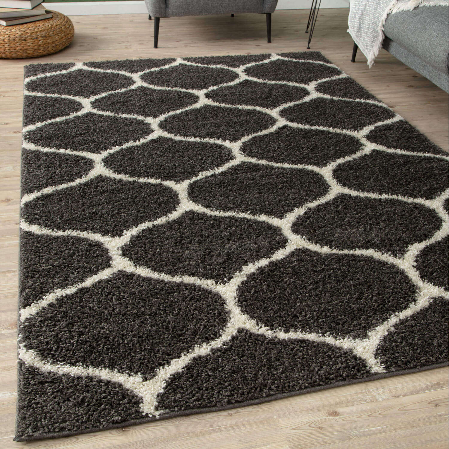 The Rugs Unisex Dark Grey Soft Trellis Shaggy Rugs & Runners Living Room | Size: 240Cm X 340Cm - Image 3