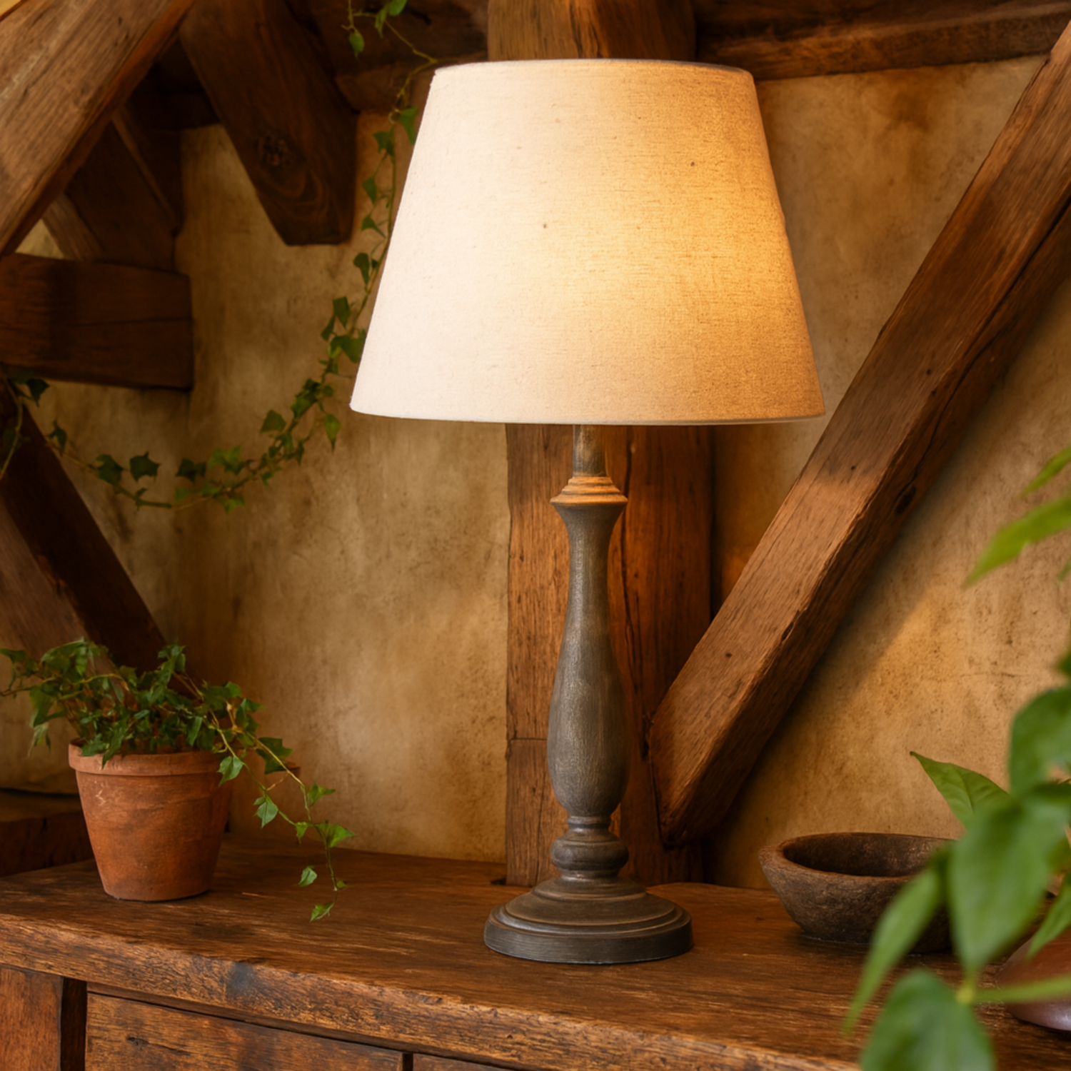 Naples Farmhouse Rustic Wooden Table Lamp with Linen Shade - Beige