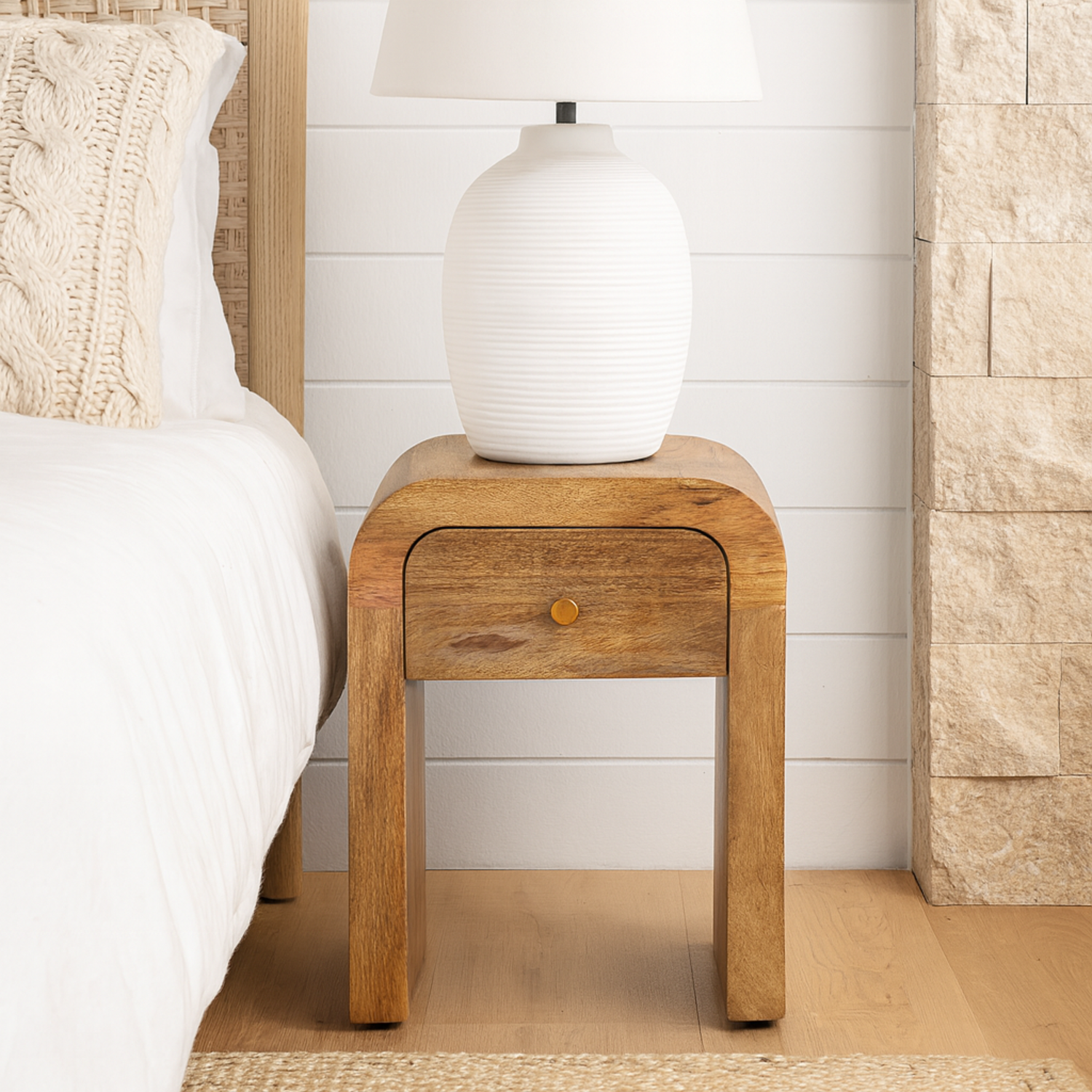 Chioggia Mango Wood Bedside Table Solid Mango Wood Brass Knob Finish - Brown