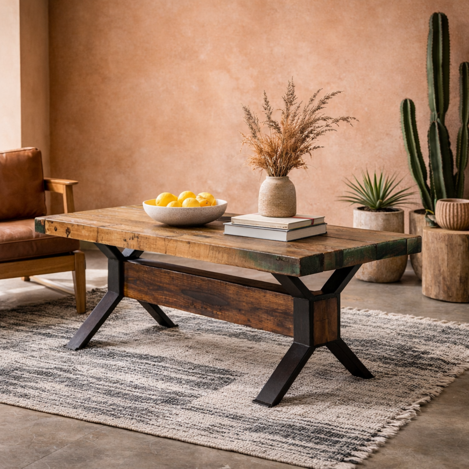 Seattle Reclaimed Wood Coffee Table 1100 x Matt Finish Metal Base - Brown