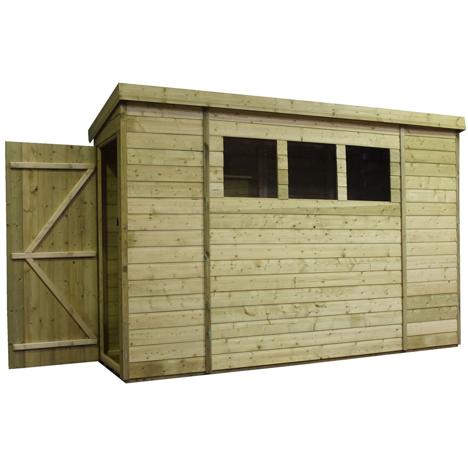 Empire 2600 10x3 Pent Garden Shed with a Single Door on Left Side Panel & 3 Windows - Green