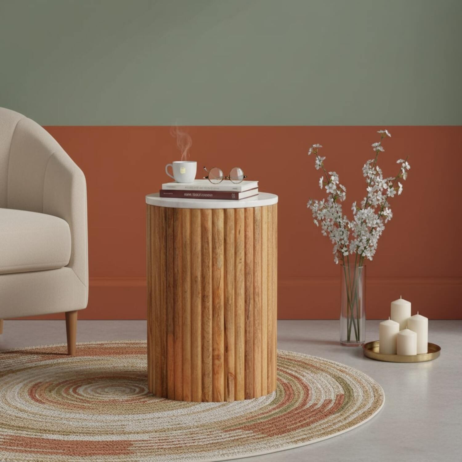 Artisan Furniture Solid Mango Wood Fluted Marble Side Table - Brown