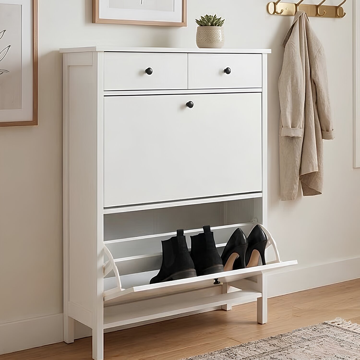 Kira White Shoe Storage Cabinet - Slim Wooden Shoe Rack For Hallway - Classic White