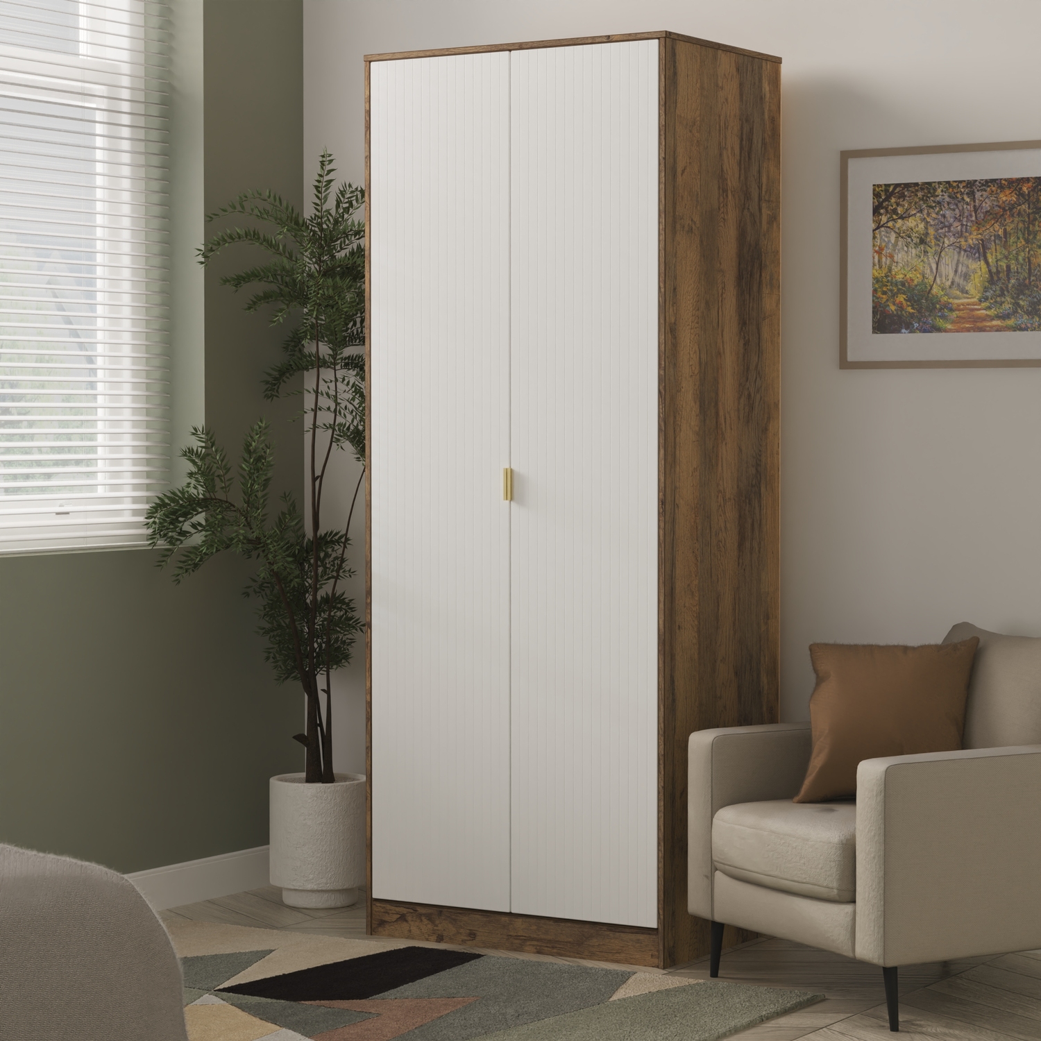 Linear Ready Assembled Tall Plain Wardrobe - White Matt Vintage Oak