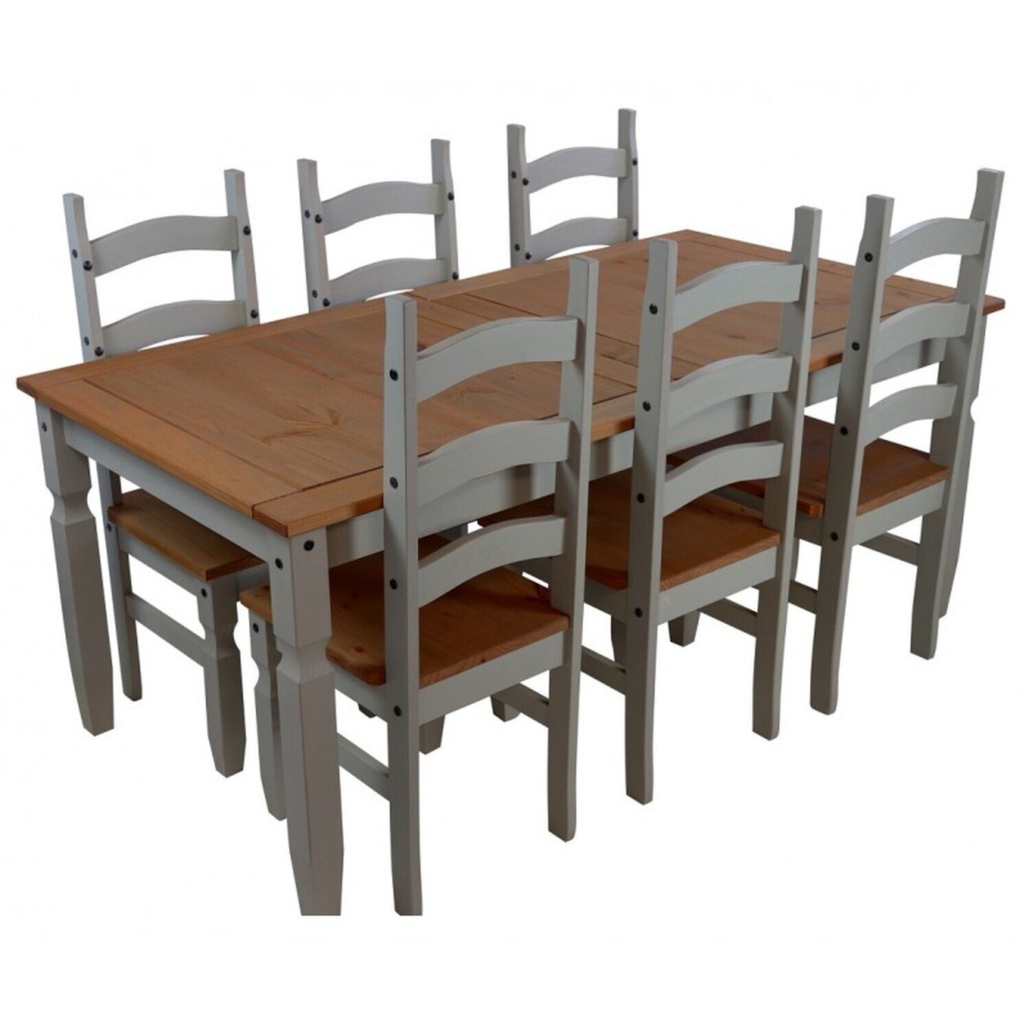 Corona 6ft Dining Table 6 Chairs Set Solid Wood Mexican Pine Wooden 6'0" Large - Distressed Grey Wax