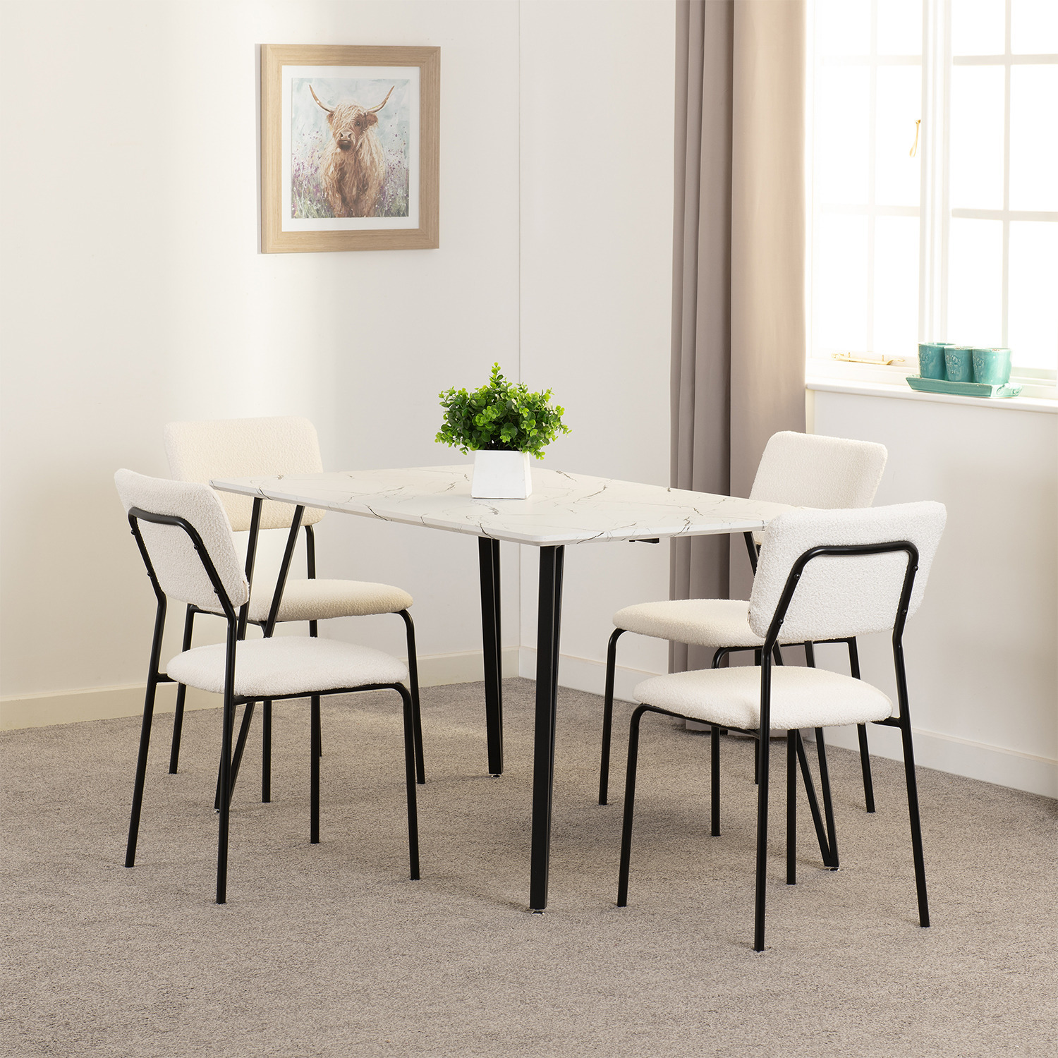 Marlow And Sheldon Dining Set - White Marble - White Marble Effect - Ivory Boucle