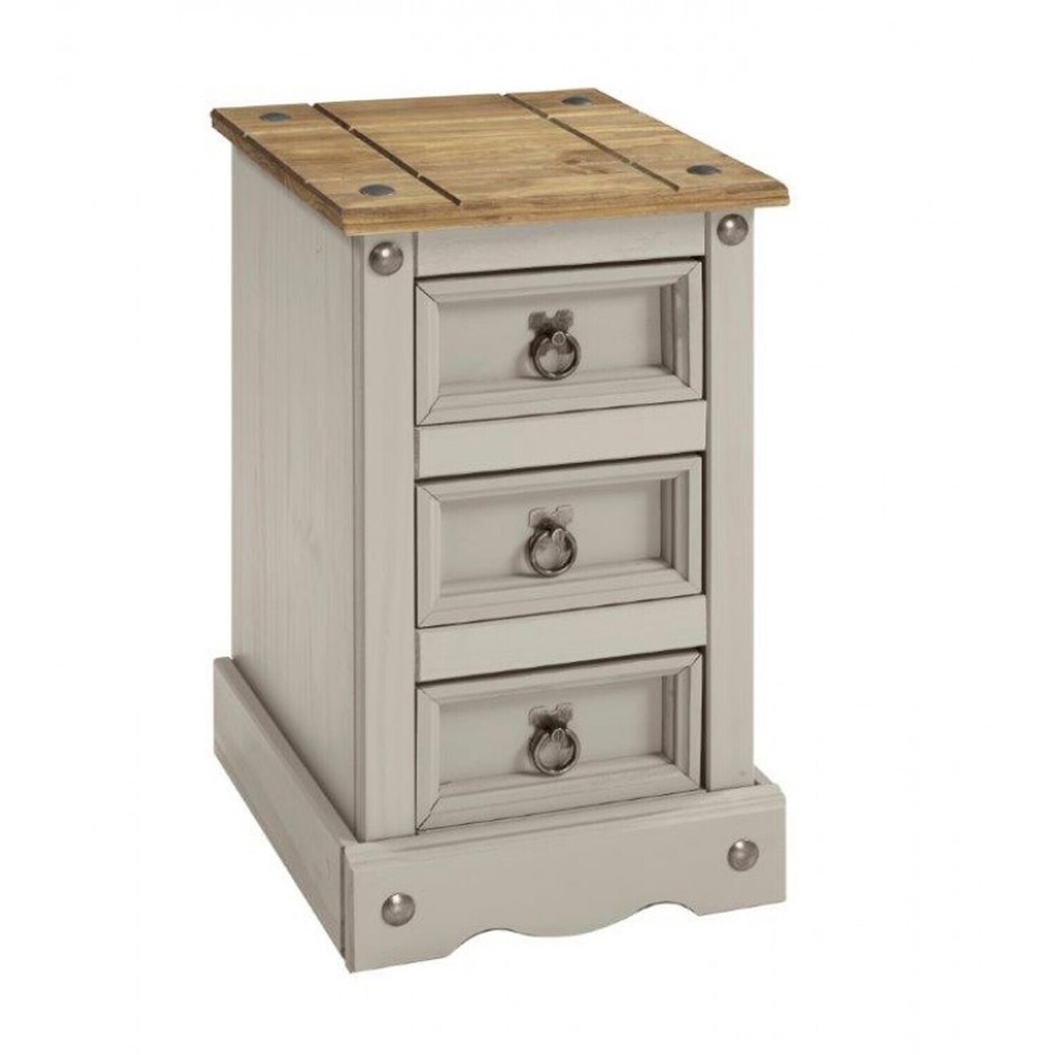 Corona 3 Drawer Bedside Cabinet Narrow Solid Wood Pine Wooden Bedroom - Grey