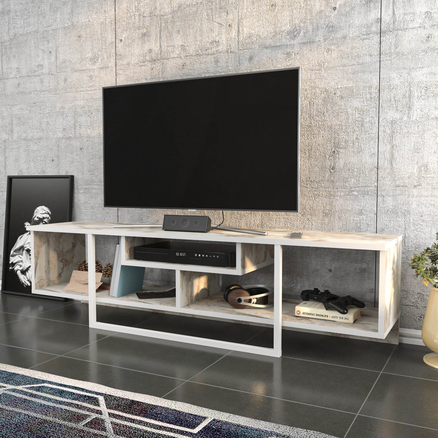 B&Q - Astona Tv Stand Tv Unit For Tvs Up To 65 Inch White Marbel Effect And White - Image 3