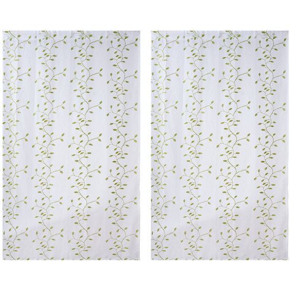 2 Panels Green Leaf Pattern Embroidered Semi-sheer Curtains