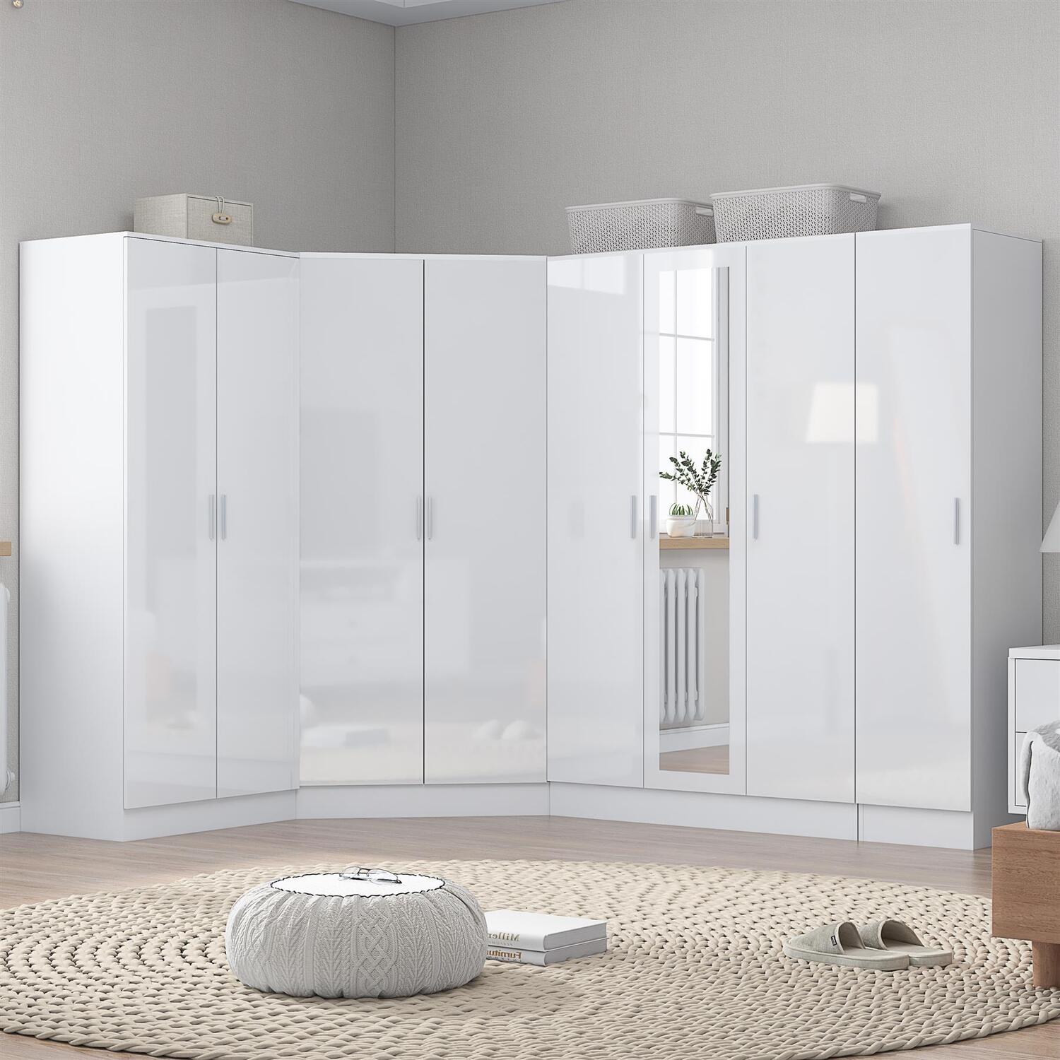 Reflect Wardrobe Bundle - Corner + 3 Door + 2Dr + 1Dr Plain - White / White - White Gloss / Matt White