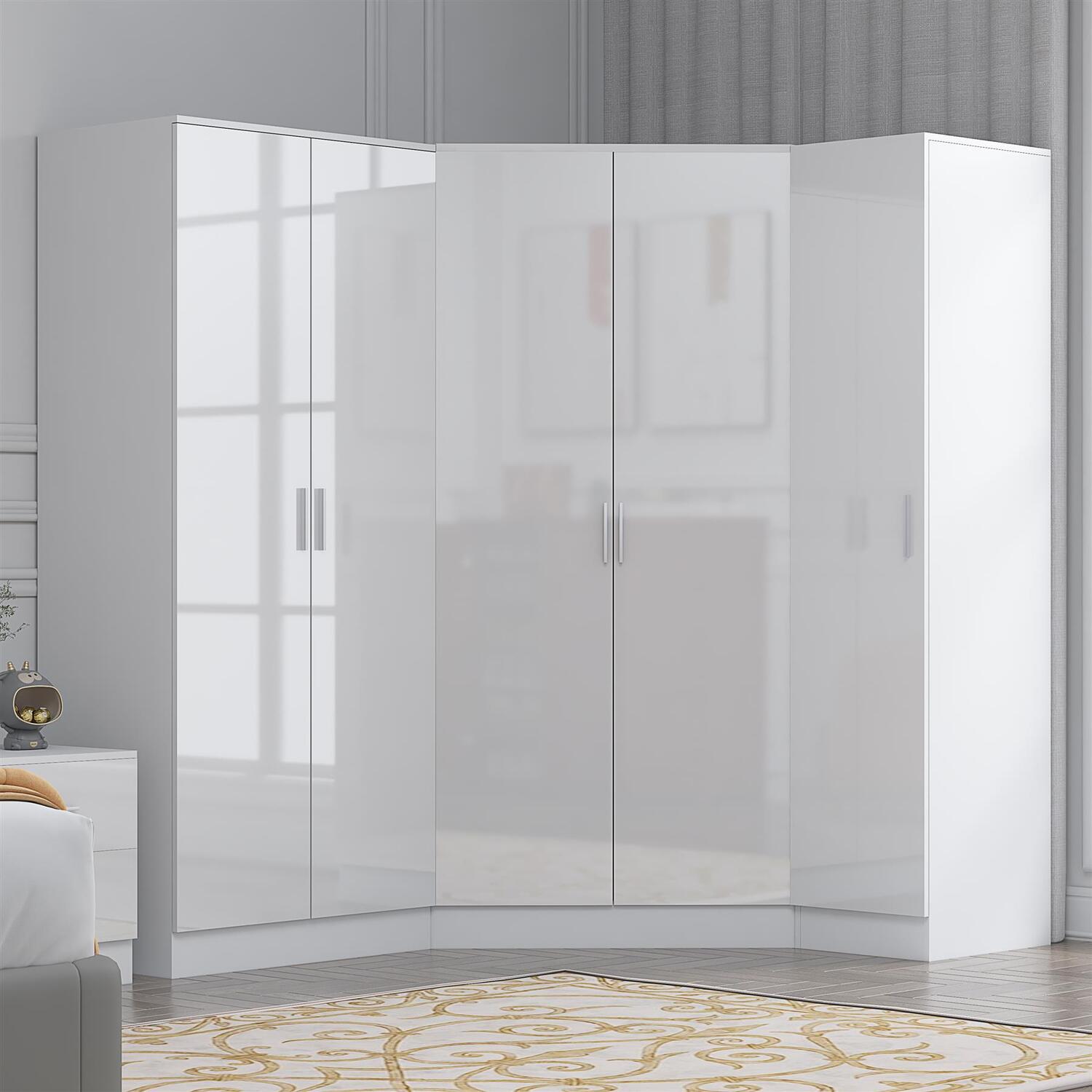 REFLECT 2 Door Corner + 2 Door Plain + 1 Door Plain Wardrobes - White / White - Image 6
