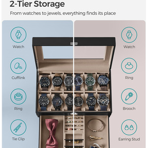SONGMICS 12-Slot Watch Box with Drawer and Glass Lid