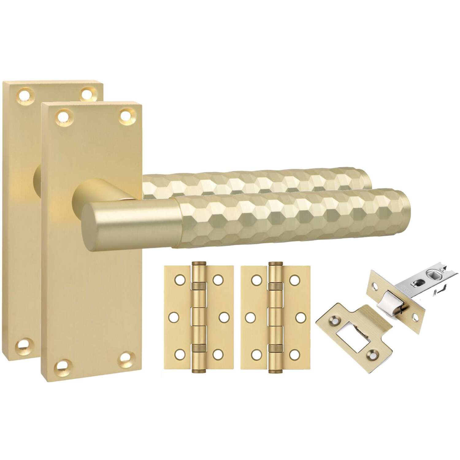 Golden Grace 6 Pairs Victorian Design Knurled Hex Cut Door Handle Internal Pack Satin Brass Finish - Bathroom and Lock Set with Hinges - 120mm x 40mm