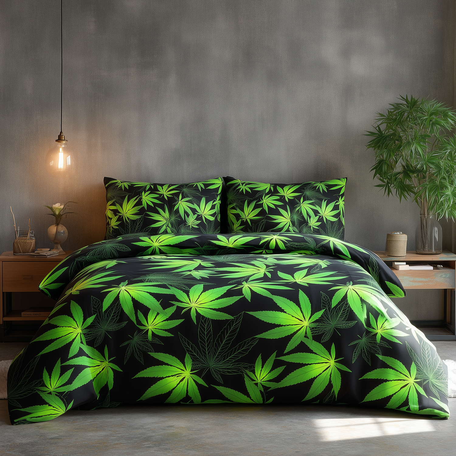 Duvet Cover And Pillowcase Set Black Or White Cannabis Design Polycotton Bed Linen - Black / Superking