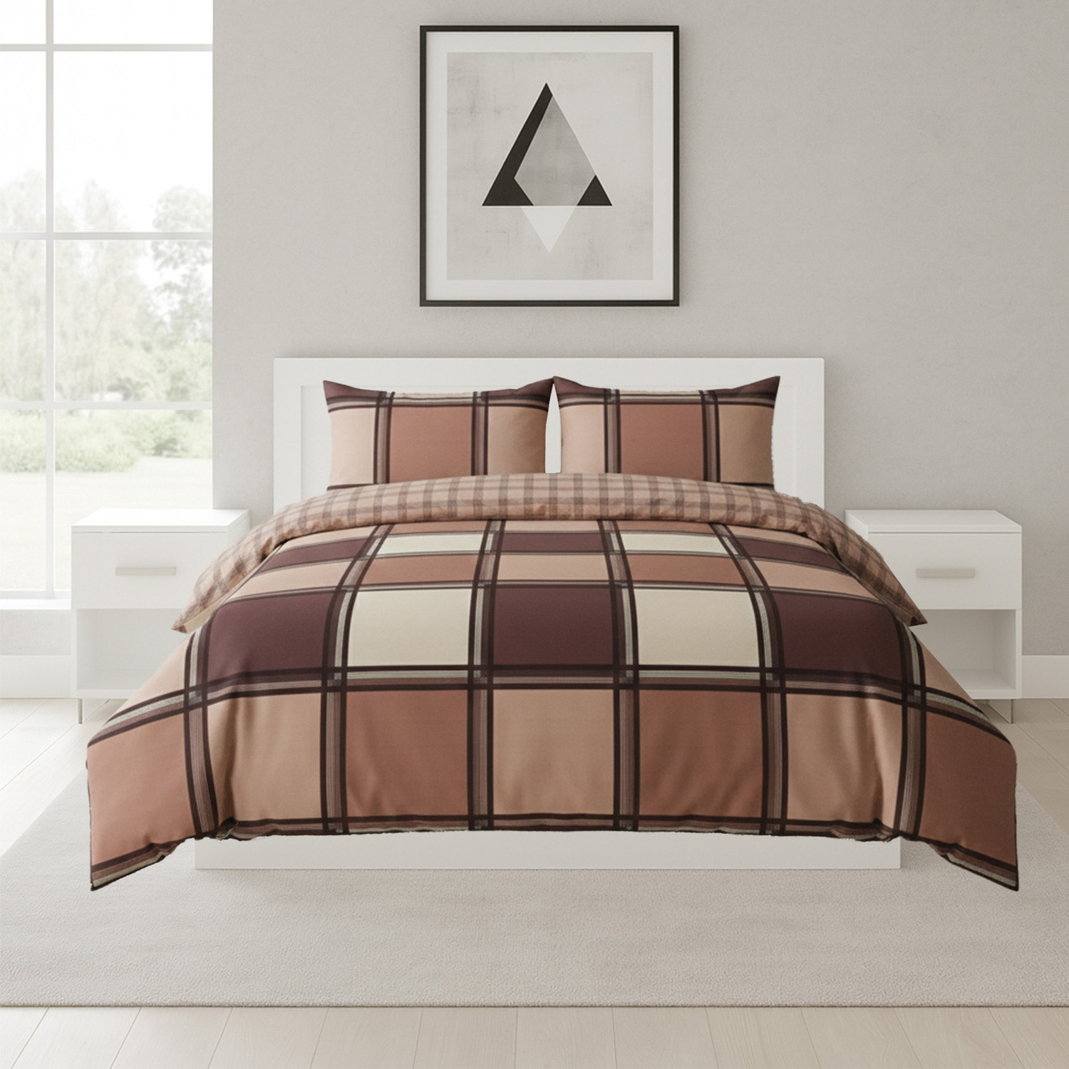 Snug City Box Print Duvet Cover Set Contemporary Square Pattern Bedding in Chocolate | Size: Single
